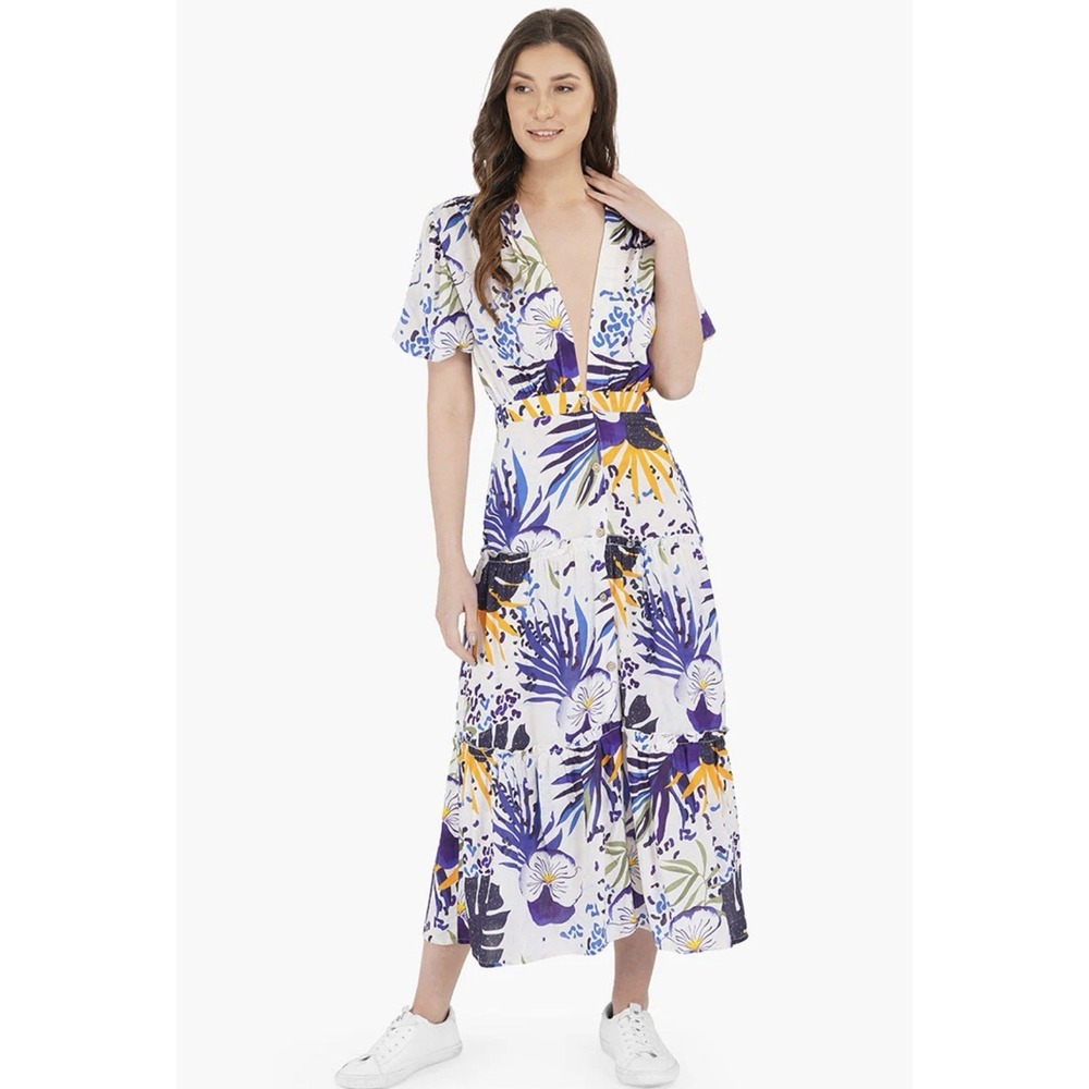 America And‎ Beyond TROPICAL TWILIGHT MIDI DRESS Large Deep V Neck Puff Sleeves
